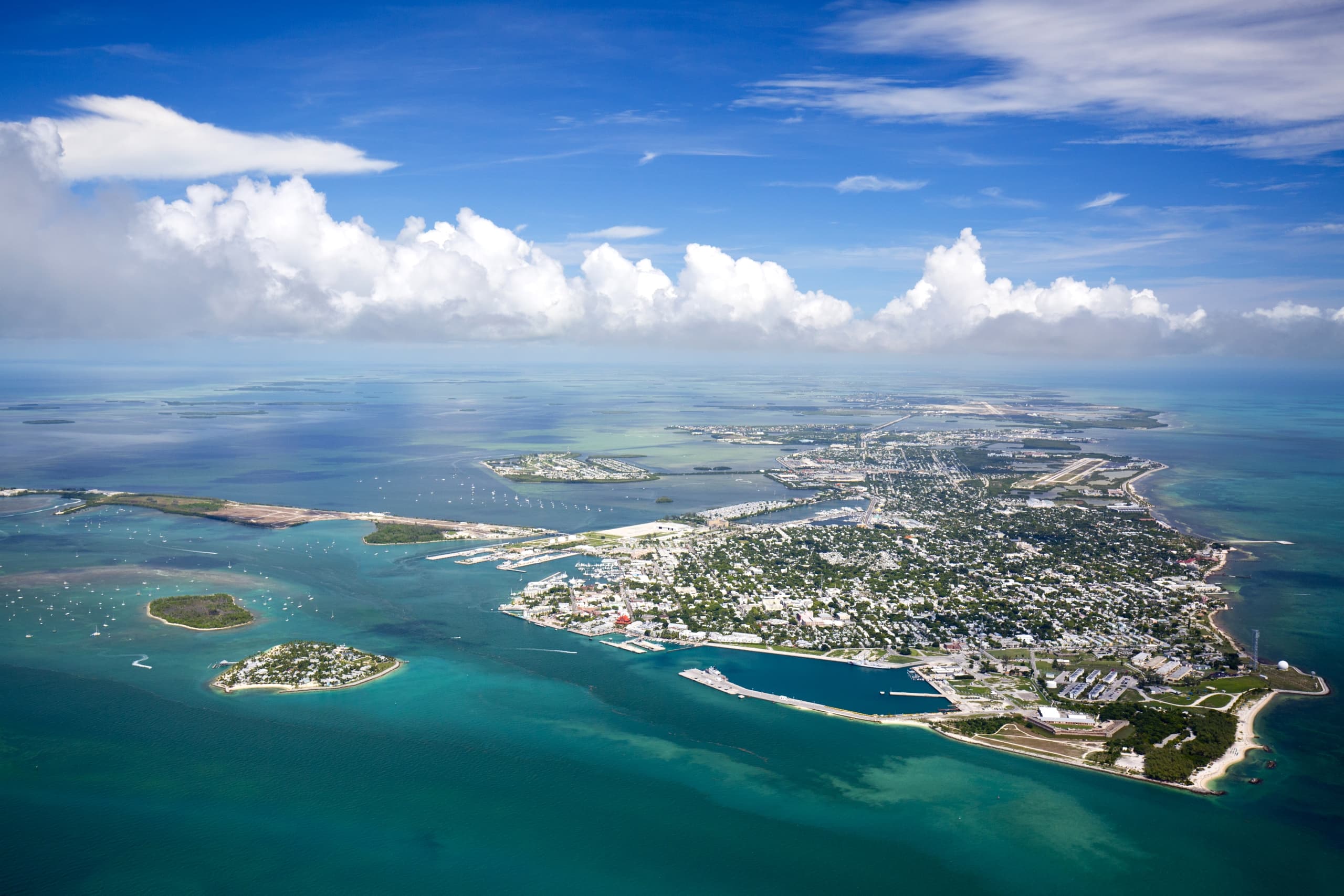 An aerial view of the Florida Keys turquoise waters and islands.