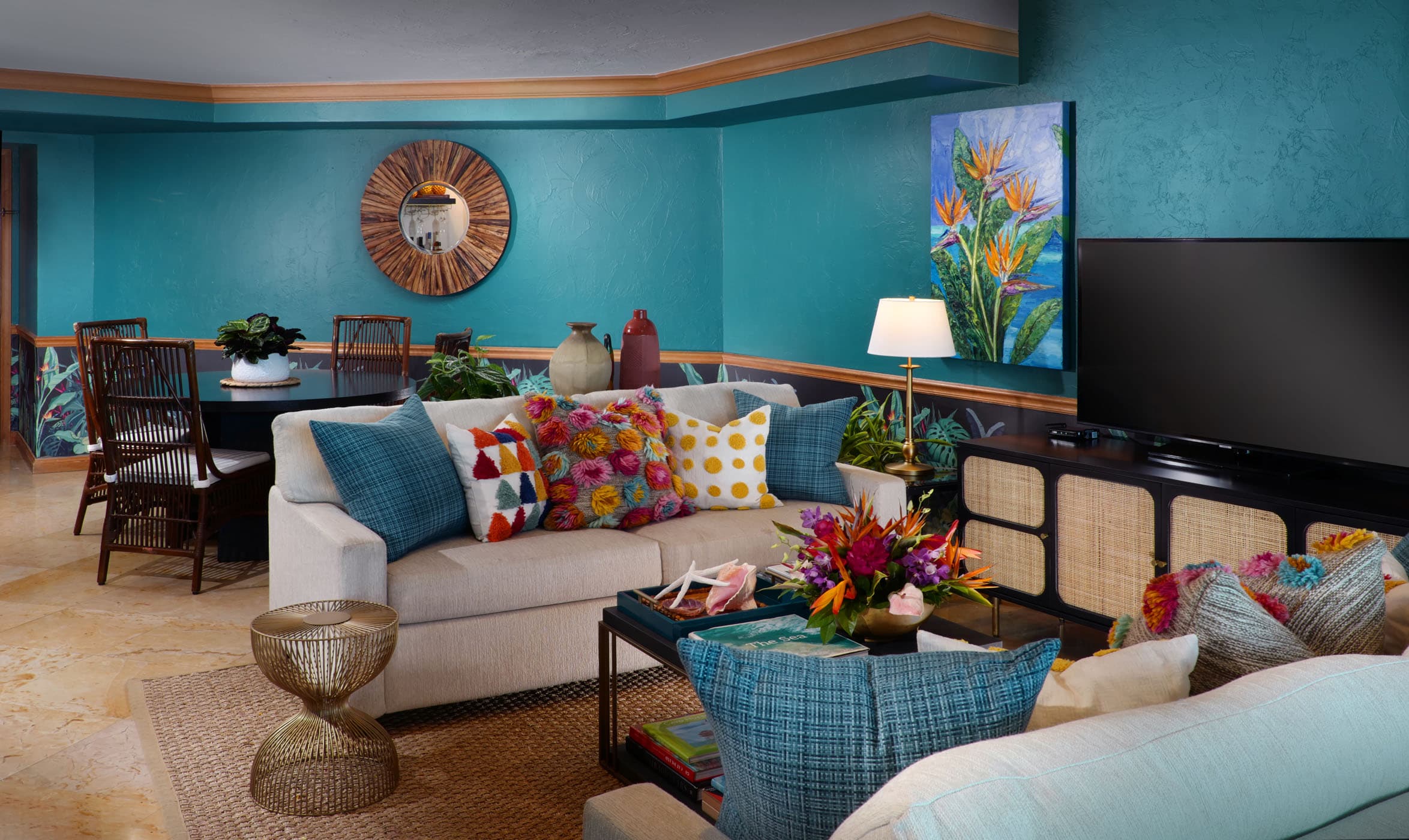 The living room and dining room in a suite at Ocean Key