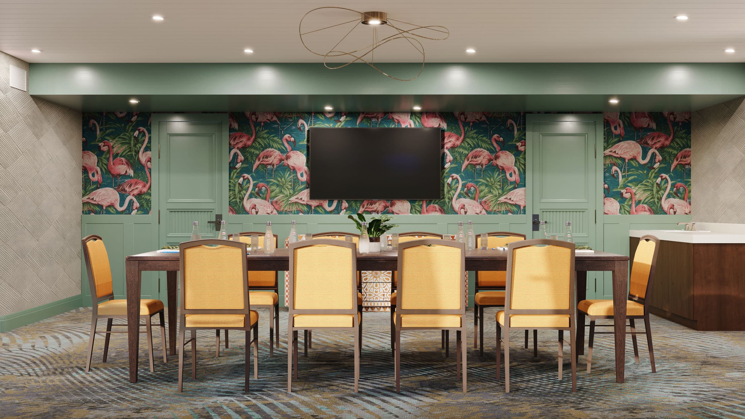 A meeting room with 10 chairs, a table and a TV
