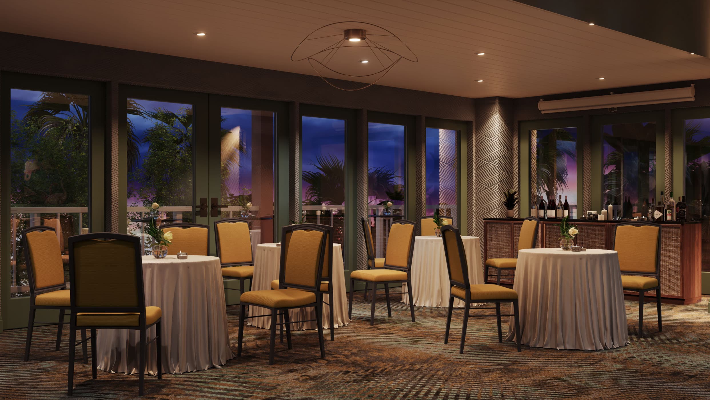 A meeting room with round table chairs in the evening