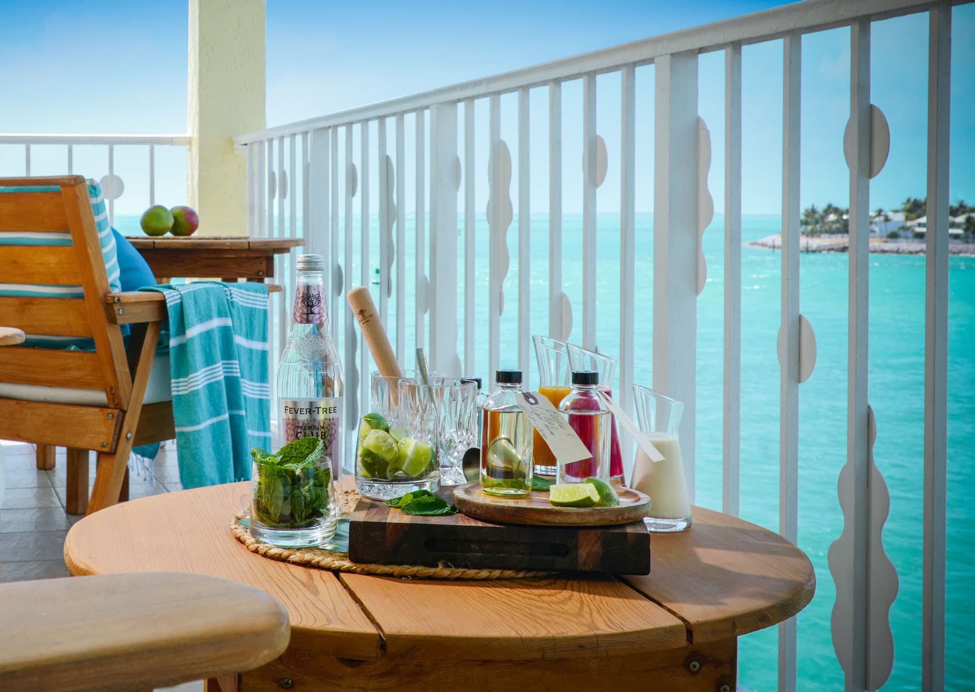 A balcony of a room at Ocean Key with everything you need to make Mojitos