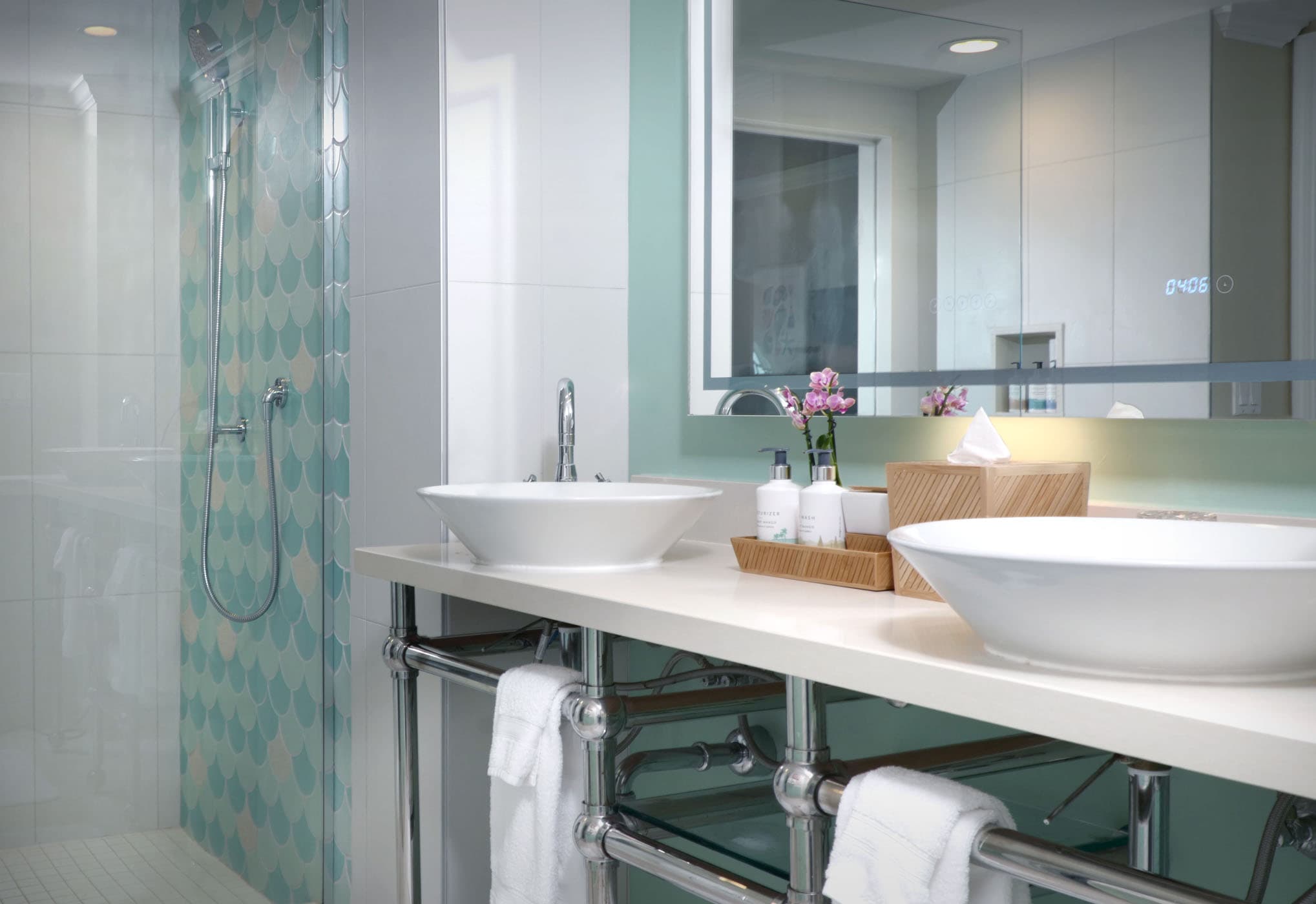 A close up of a double sink vanity at Ocean Key