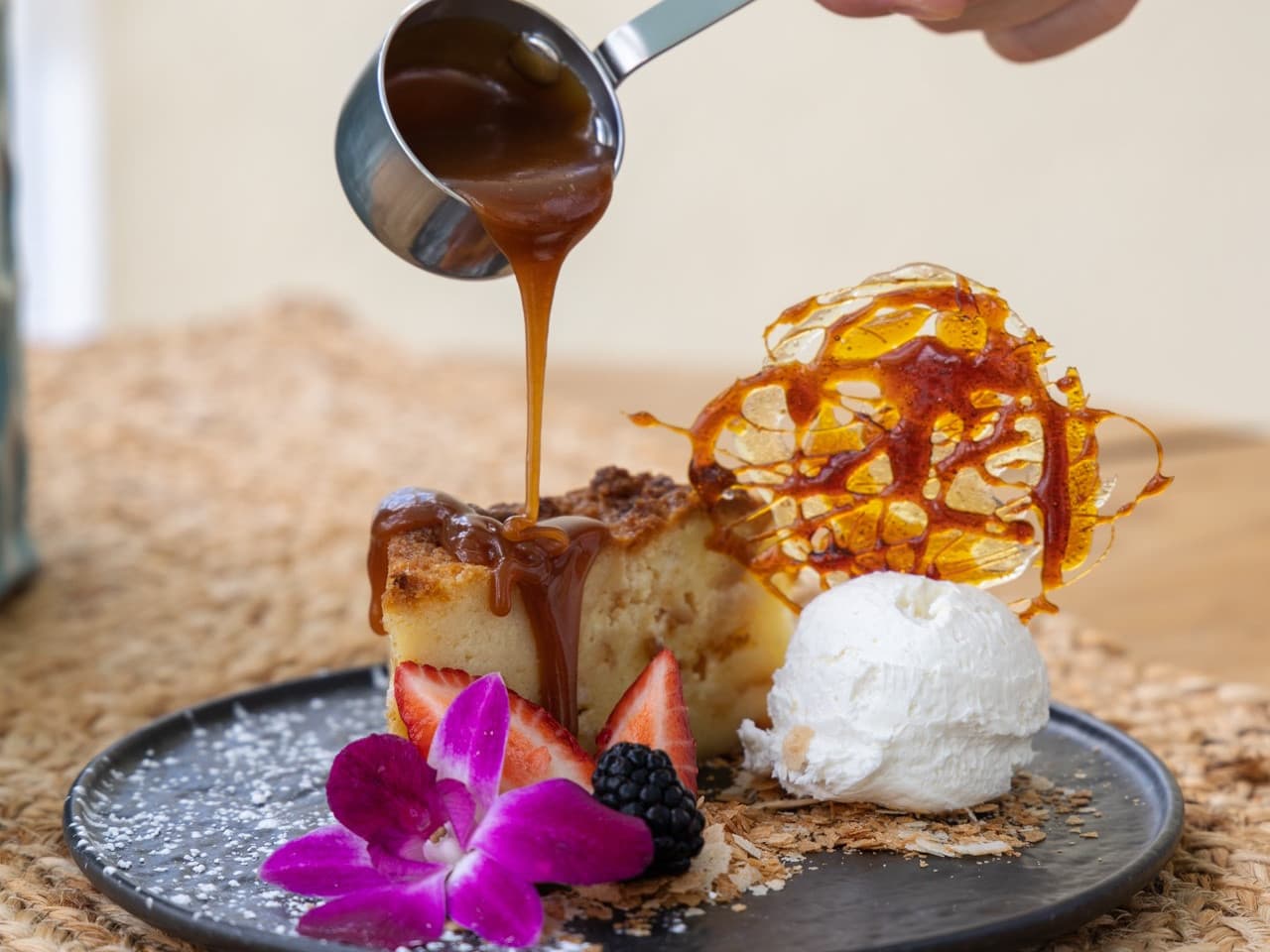 Bread pudding with caramel sauce and ice cream at Ocean Key Resort in Key West, Florida