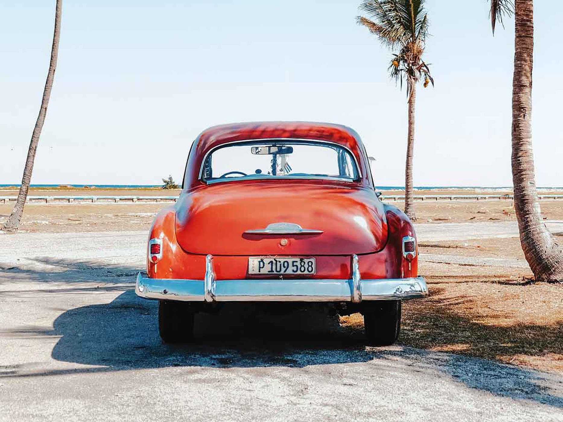 A vintage red car parked near palm trees and the water