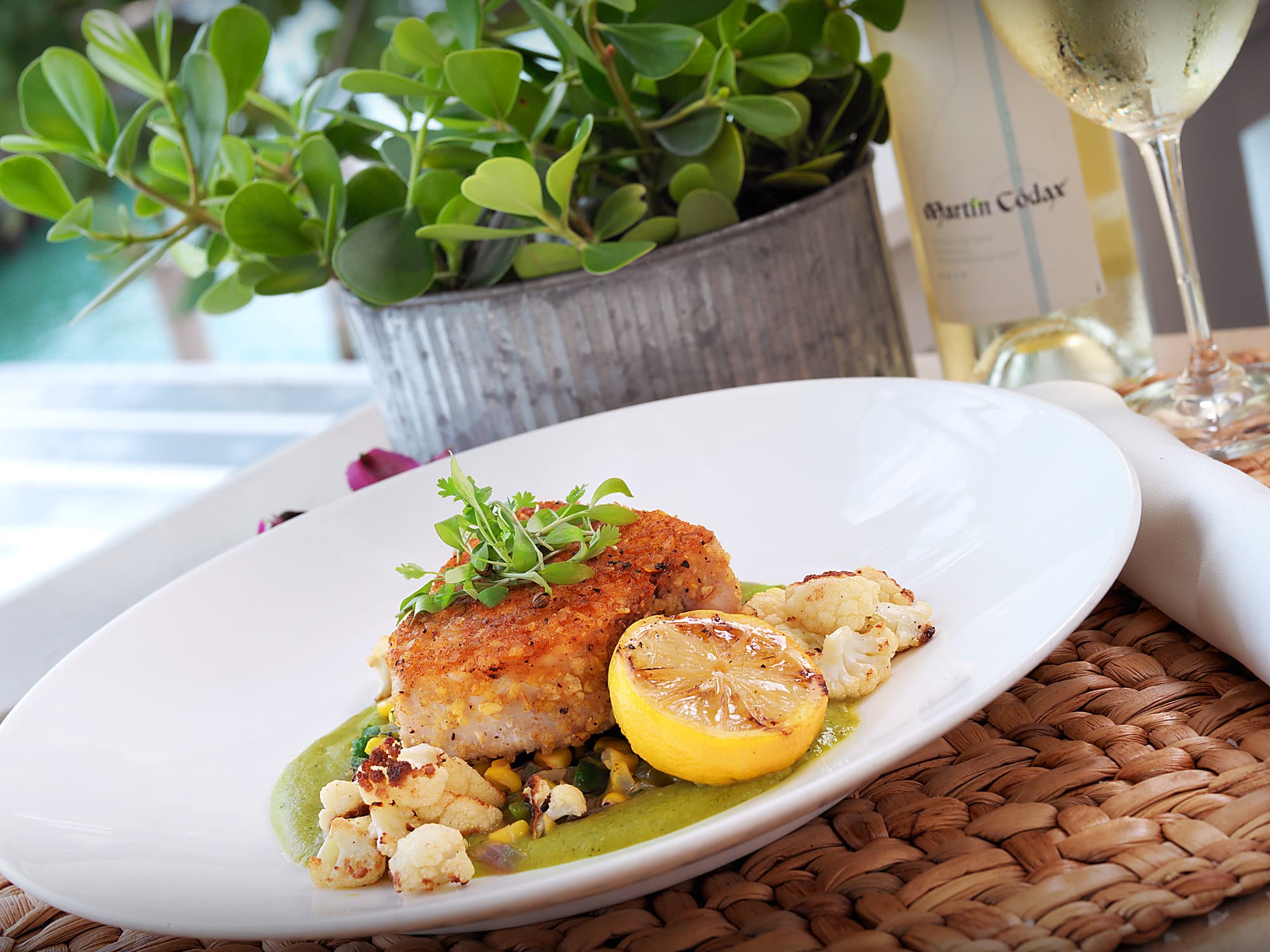Crusted fish with roasted cauliflower and white wine at Ocean Key Resort, Key West, Florida
