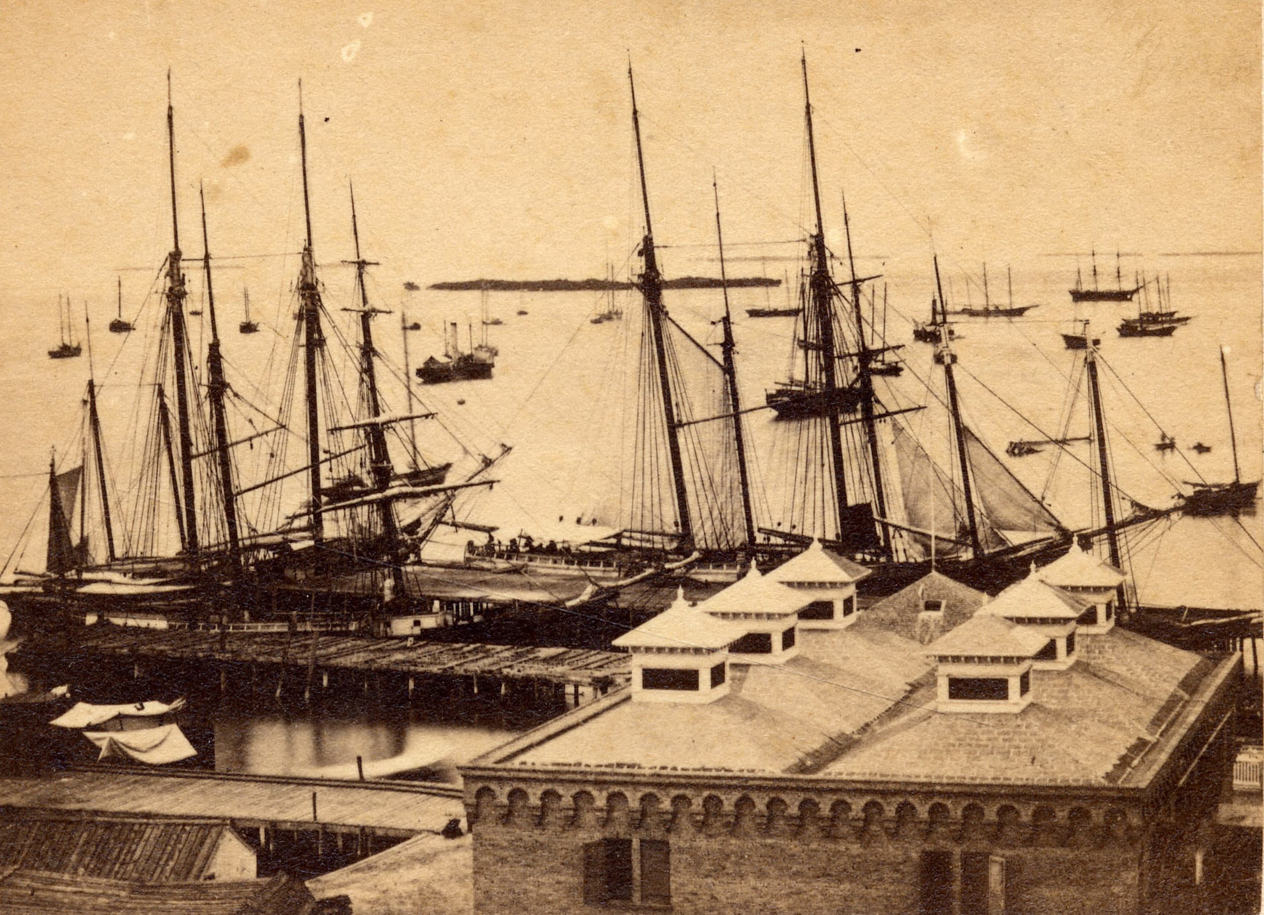 The top of the building at the end of Duval Street and Key West Harbor C 1870. From the DeWolfe and Wood Collection.