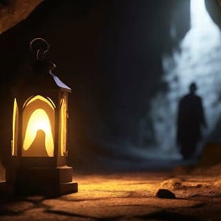 A lantern in the ground in a dark room and a ominous shadow in the background