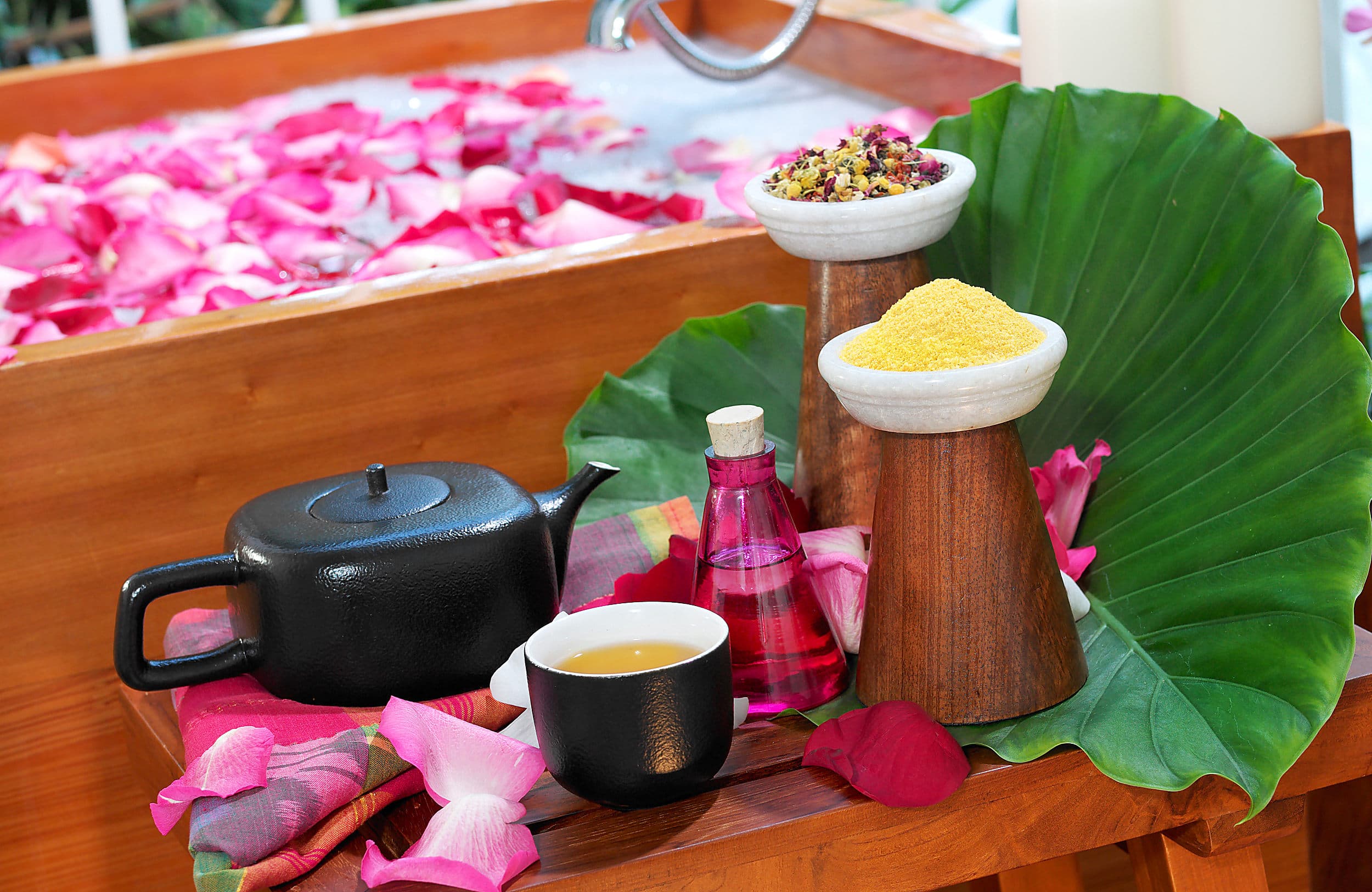 Rose petal soaking tub with herbal tea and bath salts at the spa at Ocean Key Resort in Key West, Florida