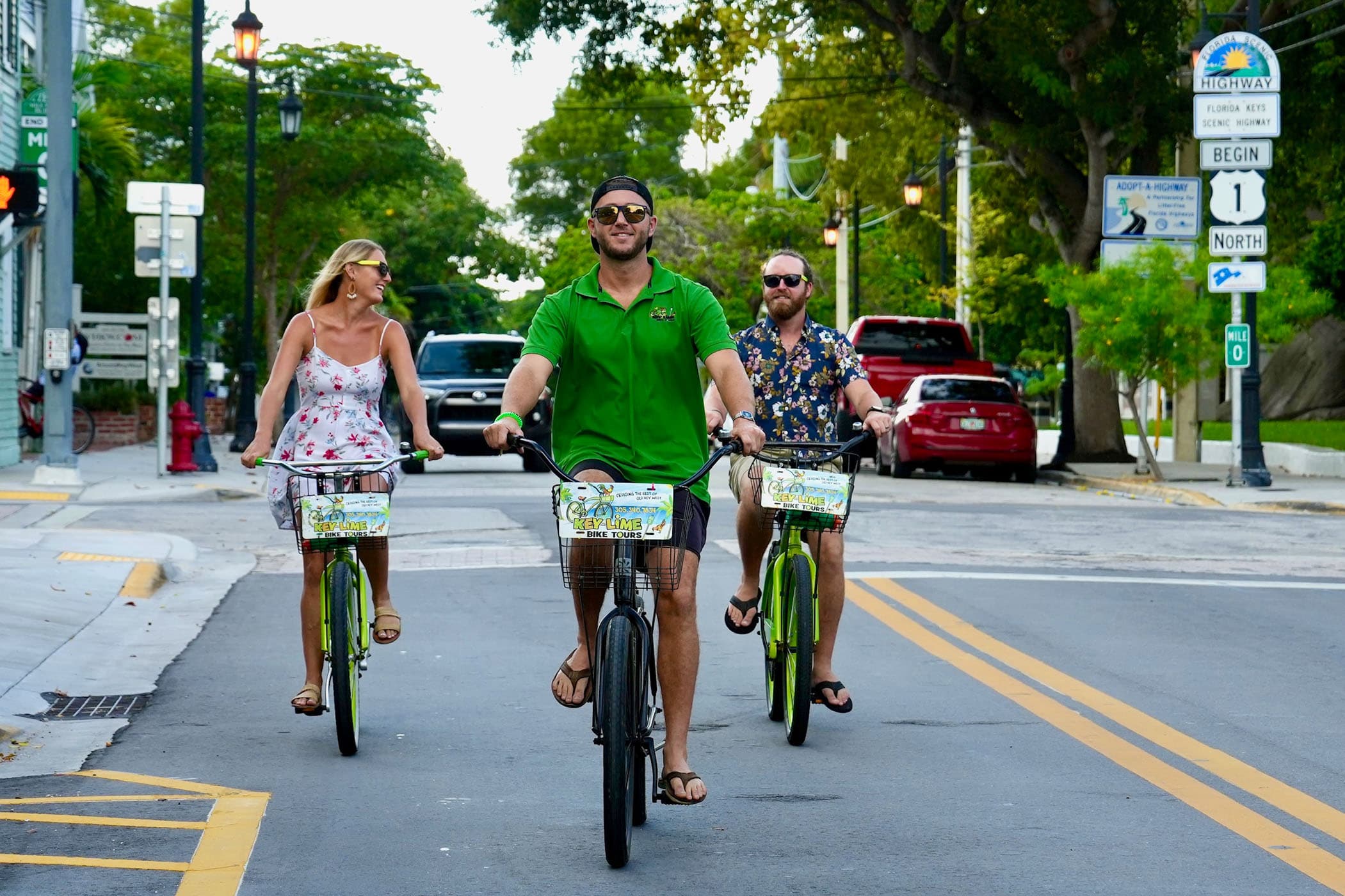 3 people biking on a Key Lime Bike tour