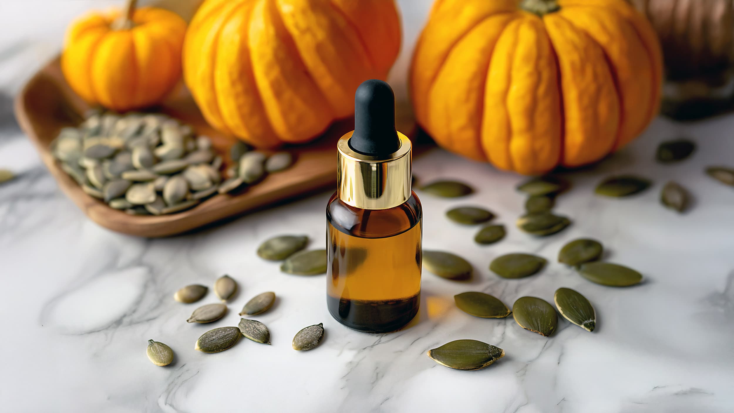 Amber dropper bottle of pumpkin seed oil with seeds and pumpkins on marble, Ocean Key Resort Key West