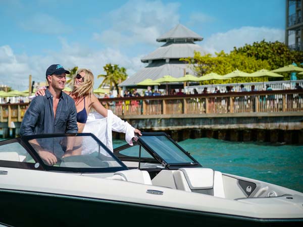 Couple on speed boat in Florida Keys